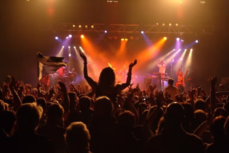 Crowded audience enjoying a live music concert with colorful stage lights and raised hands.